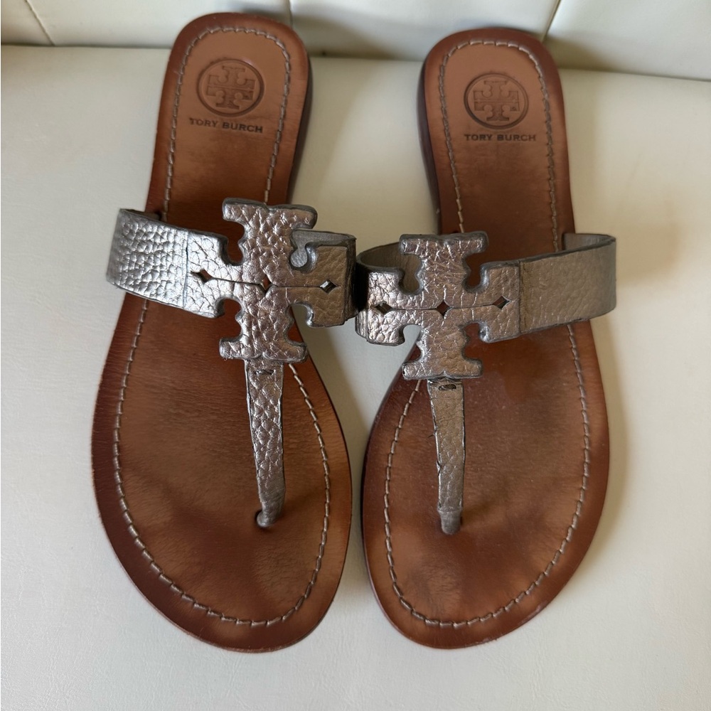 Tory Burch Metallic Silver and Tan Sandals